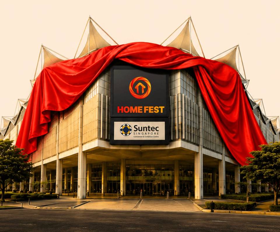 Suntec Convention Centre wrapped in the red HomeFest reveal with the HomeFest and Suntec signage
