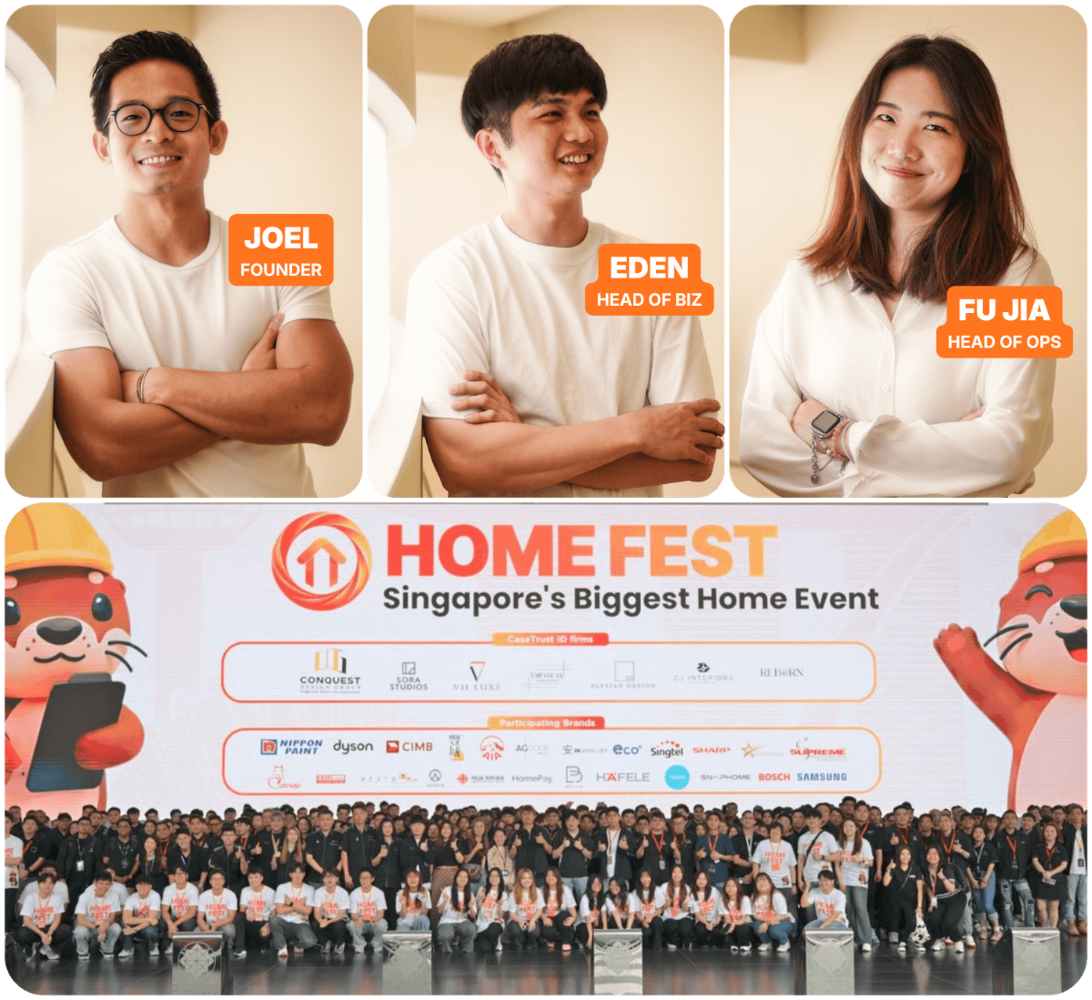Joel (Founder), Eden (Head of Biz) and Fu Jia (Head of Ops), with the full HomeFest crew on stage